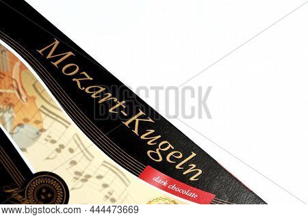 Kharkov, Ukraine - April 19, 2021: Henry Lambertz Mozart-kugeln Luxury Dark Chocolate Candies In Bla