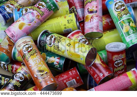 Kharkov, Ukraine - March 30, 2021: Many Pringles Cylinder Chips Boxes With Varios Colors And Flavour