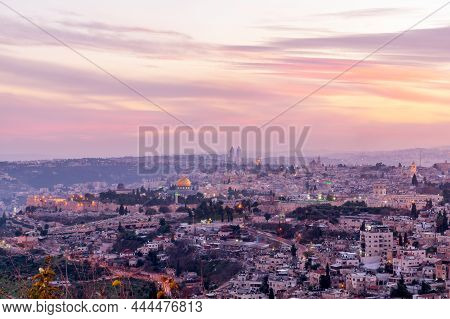 Sunset View Of Jerusalem Old And New City, Viewed From Mount Scopus. Israel