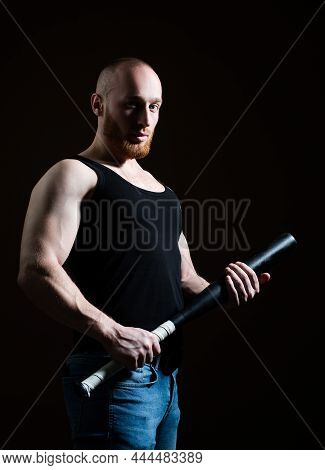 Brutal Angry Gang Man Lifestyle, Serious Handsome Guy. Brutal Man With Baseball Bat For Fighting, Co
