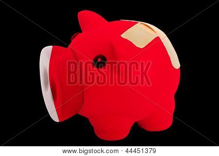 Bankrupt Piggy Rich Bank In Colors Of National Flag Of Bahrain    Closed With Bandage