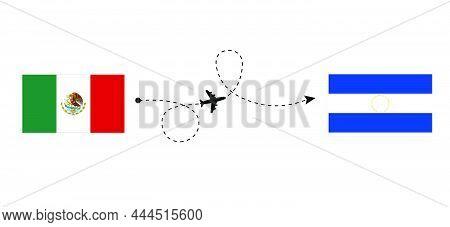 Flight And Travel From Mexico To El Salvador By Passenger Airplane. Airplane Route And Country Flags