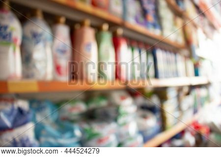 Blured Shelf Of Cleaning Products In Grocery Store, Defocused Bokeh Light Background, Shopping Busin
