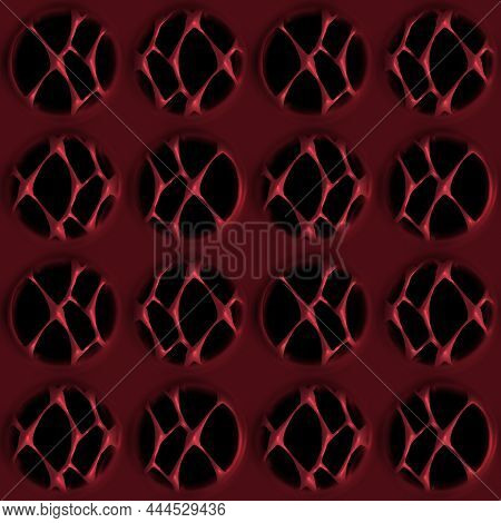 Red Metal Effect Decorative Oriental Texture. Seamless Engraved Oxidised 3d Circle Motif Pattern. Or