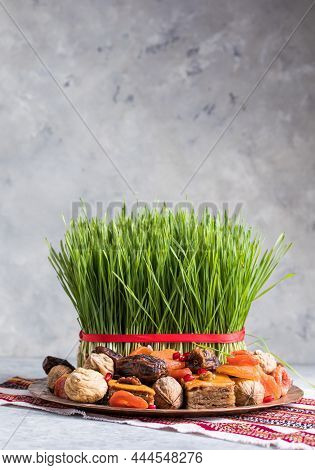 Novruz Setting Table Decoration,  Wheat Grass, Azerbaijan National Pastry Pakhlava, New Year Sring C