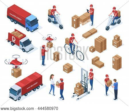 Isometric Couriers, Delivery Service Workers And Logistic Transport. Parcels Delivery Logistic Truck