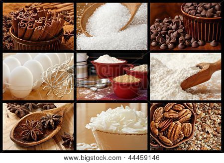 Bakken collage van verse ingrediënten bevat suikers, specerijen, chocolade chips, kokosnoot vlokken, pecannoten