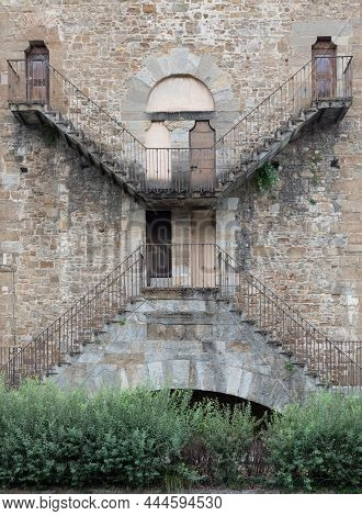 Exterior Of Antique Building With Escher Architecture Style. Simmetry And Geometric Perspective.