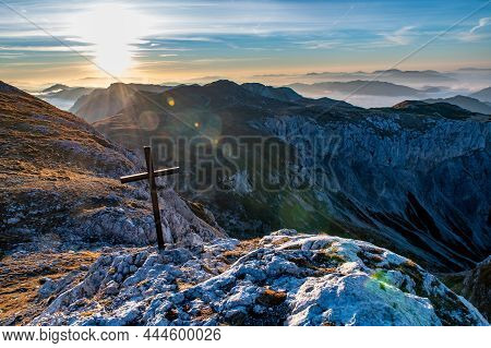 View Of Fleischerkreuz Metal Cross In Backlight Near Fleischer-biwak And  Schiestlhaus Mountain Hut 
