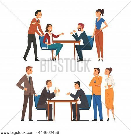 Business Partner Sitting At Table Face To Face Engaged In Negotiation Vector Set