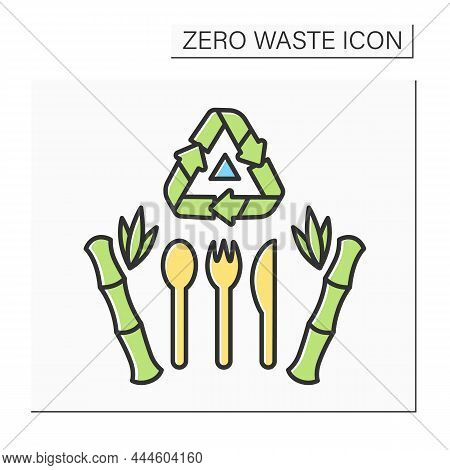 Bamboo Cutlery Set Color Icon. Reusable Material Knife, Fork And Spoon With Recycling. Concept Of Ec