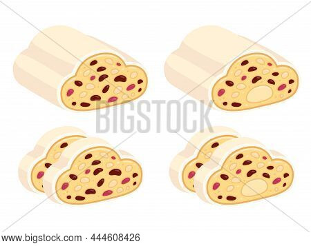 Weihnachtsstollen, Traditional German Christmas Sweet Bread. Stollen Cake Slices With Dried Fruit An
