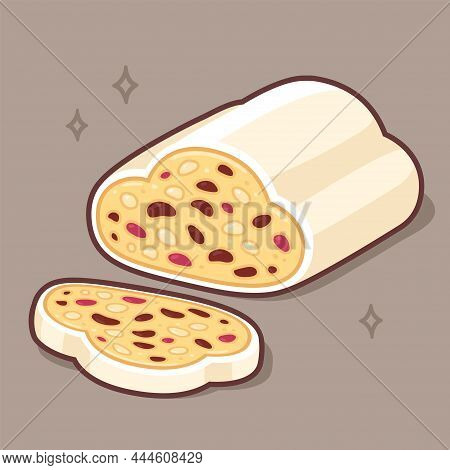 Weihnachtsstollen, Traditional German Christmas Sweet Bread. Stollen Cake Slice With Dried Fruit. Cu