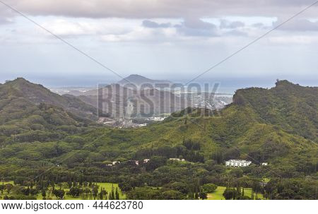 Scenic View Of The Lush Forest And Ocean From Nu\'uanu Pali Lookout, Oahu, Hawaii