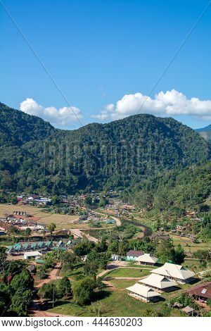 Aerial View Of Sapun Village At Sunrise In The Valley Of Mountains With Misty Mountain Range, Green 