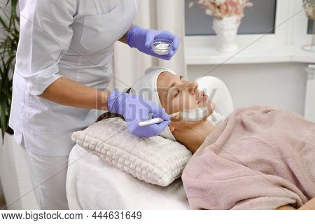Cosmetologist Apply Skin Mask With Brush, Care And Treatment Procedure In Modern Aesthetic Clinic. W