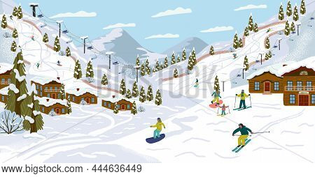 Ski Resort With Skiers, Cable Cars, Ski Lifts, Vector Illustration. Winter Holidays And Sport Activi