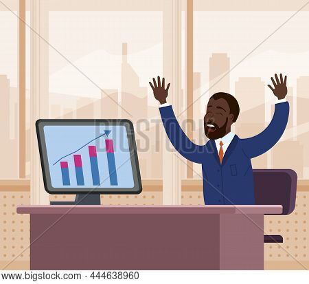 Businessman African Successfull Joiful Happy, Performance Graphs Growth Are On The Top Of Success. P