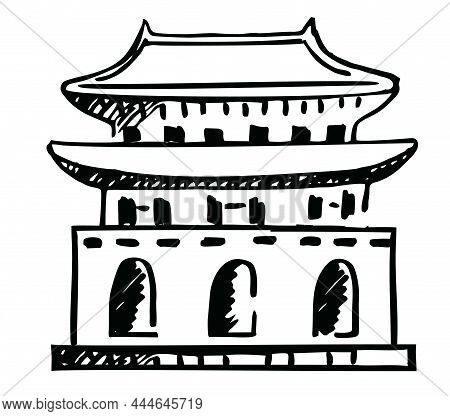 Asian Architecture Building Topped With A Curved Roof. Sketch Buddhist Pagoda