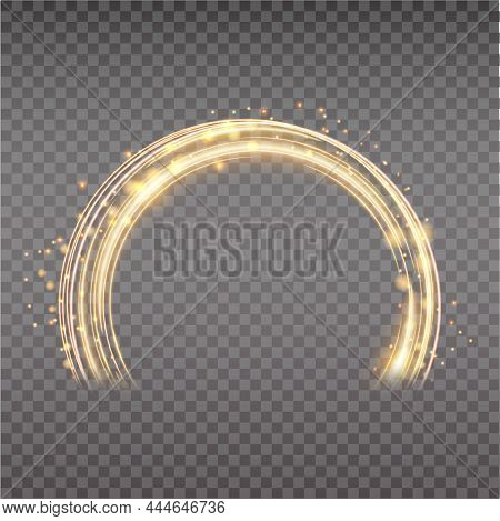 Gold Magic Arc. Abstract Magic Light Effect. Luminous Neon Lines With Flying Lights.