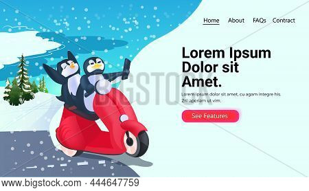 Cute Penguins Riding Scooter Vinter Vacation Traveling Concept