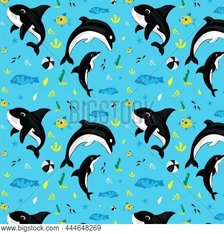 Illustration Dolphins In Cute Sea Animals Seamless Pattern Background