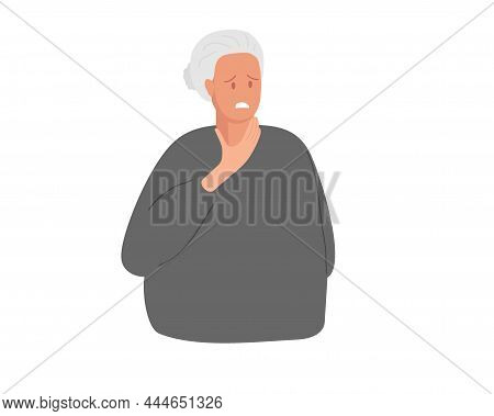 Sore Throat. Suffering From Pain. Senior Woman Holding Her Inflamed Throat. Mature Lady Throat Hurts