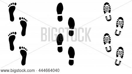 Human Silhouette Of Footprints, Set Of Vector Icons Isolated On White Background. Print The Soles Of