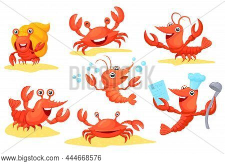 Cartoon Cute Crustaceans. Prawns Shrimp Crab Prawn Lobster Crawfish Crayfish Shellfish Mascot, Seafo