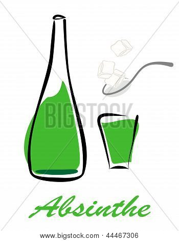 Bottiglia di assenzio, vetro breve e cucchiaio con zucchero grumo