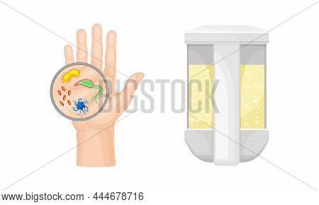 Bacteria And Microbes Examining Under Magnifying Glass On Hand And Soap Dispenser Vector Set