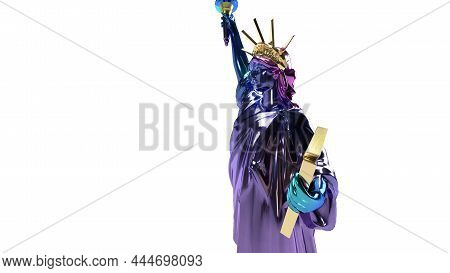 3d Render, Statue Of Liberty American Metal Shiny On A White Background Fiolet Stempank