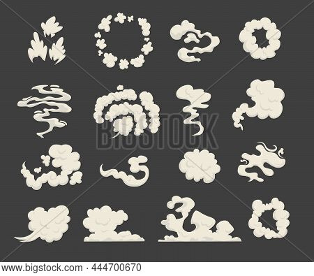 Cartoon Dust Clouds. Comic Cloud Shape, Spray Air Smoke, Fog Road, Explosion Bomb, Car Gas, Puff Mag