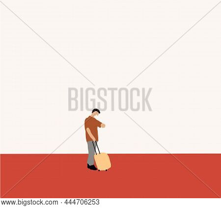 Man With A Luggage Checking The Time On His Watch At Airport. Travel Concept.