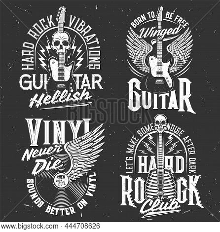 Rock Music T-shirt Prints With Skull And Guitar, Vector Rocker Club And Concert Festival Emblems. Ha