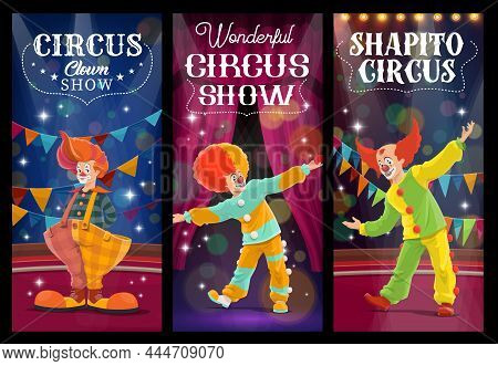 Shapito Circus Clowns And Harlequin Characters. Cartoon Vector Jesters, Artists Or Performers On Big