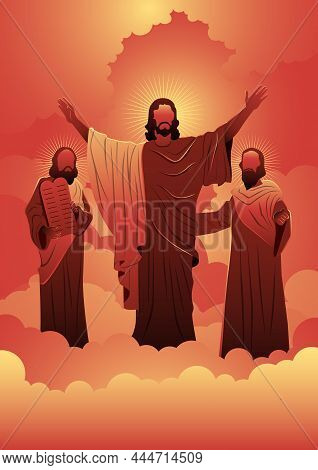 An Illustration Of Transfiguration Of Jesus Christ, Elijah And Moses. Biblical Series