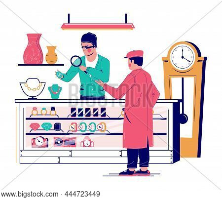 Pawn Shop. Customer Bringing Expensive Jewelry To Pawnbroker Looking At It Under Magnifying Glass, V