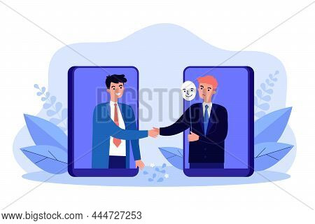 Partner Handshake Of Business People On Mobile Phone Screens. Hypocrite Angry Man Holding Mask In Ha