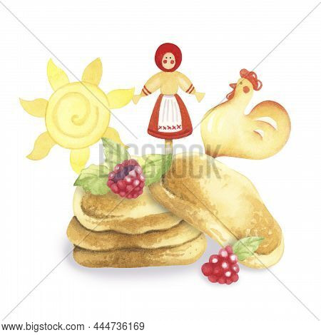 Maslenitsa Or Maslenitsa. Composition Of Symbols And Ornamental Elements On The Theme Of The Great R