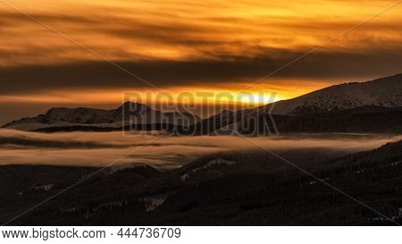 Snowy Winter Mountain Landscape And Colorful Sky Due Sunrise Over Hills Dumbier And Chopok  In Low T