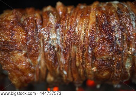 Lamb Intestines With Giblets  Spun On Spit And Fried To Cook Turkish Dish Kokorech.
