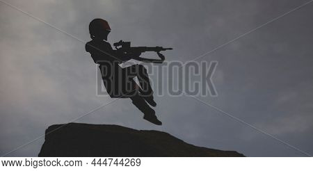 DEC 30, 2021: Scene from Disney Plus Star Wars The Mandalorian, bounty hunter Fennec Shand firing a sniper rifle - Hasbro action figure