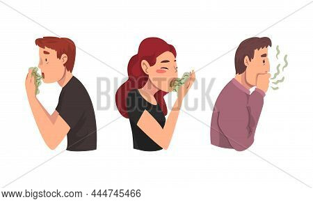 Man And Woman Breathing To The Hand Feeling Bad Smell From Their Mouth Vector Set