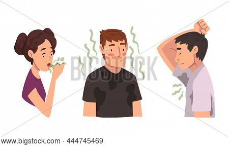Man And Woman Breathing To The Hand Feeling Bad Smell From Their Mouth And Armpit Vector Set