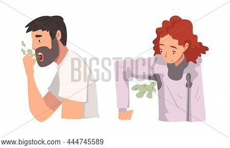 Man And Woman Breathing To The Hand Feeling Bad Smell From Their Mouth And Armpit Vector Set