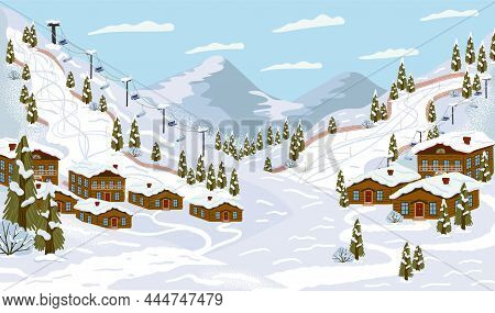 Ski Resort With Ski Track, Cable Cars, Ski Lifts, Vector Illustration. Winter Holidays And Sport Act
