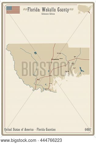 Map On An Old Playing Card Of Wakulla County In Florida, Usa.
