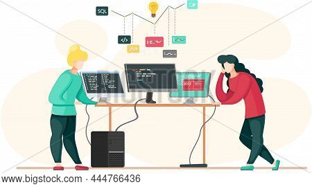 Programmer Engineering And Coding. Programmer Working On Code For Web App Development On Computer. C