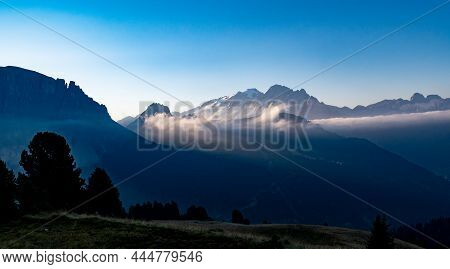 Sunrise Light Morning Panoramic View Of Mount Marmolada. Scenic Image Of Famous Glacier Marmolada, P
